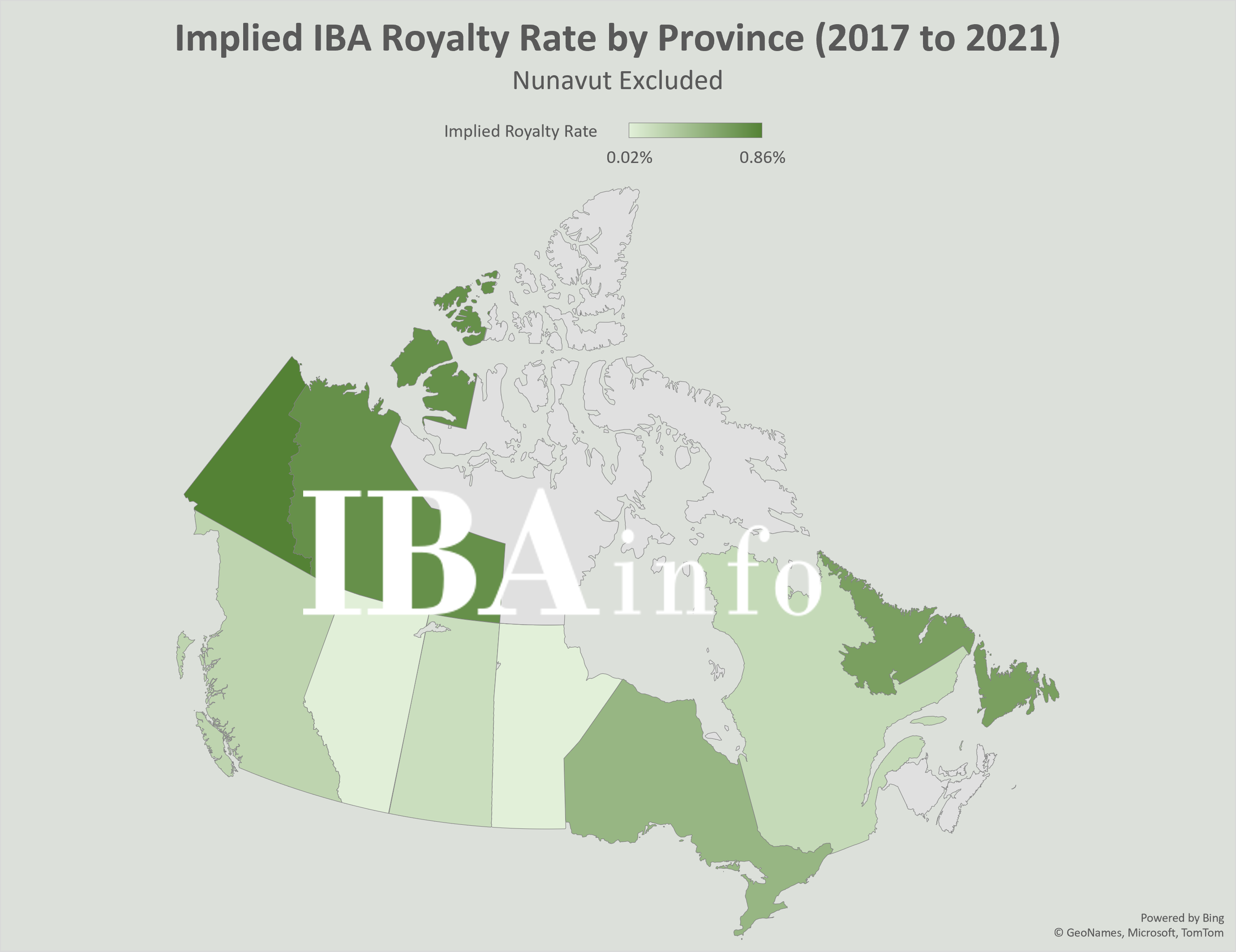 Map of Canada showing Implied IBA Royalty Rate by Province